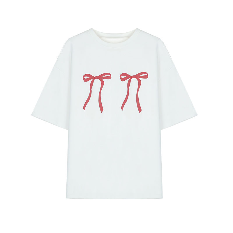 Plus Size Loose White Short-Sleeve T-Shirt for Women with Butterfly Knot Print, Harajuku Style, Casual Cotton Top for Students Plus Size Loose White Short-Sleeve T-Shirt for Women with Butterfly Knot Print, Harajuku Style, Casual Cotton Top for Students