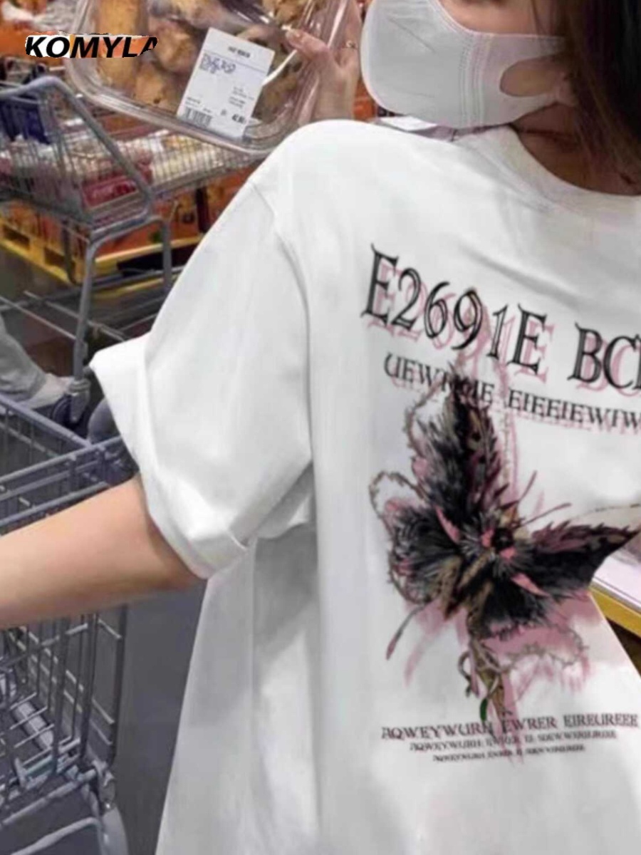 Plus Size Oversized Butterfly Print Cotton T-Shirt for Men and Women | American Style Loose Couple Top | Casual Streetwear Plus Size Oversized Butterfly Print Cotton T-Shirt for Men and Women | American Style Loose Couple Top | Casual Streetwear