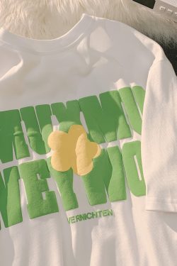 Plus Size Oversized Cotton T-Shirt for Women with Floral and Letter Print, Round Neck, Loose Short Sleeves, Casual Couple Style