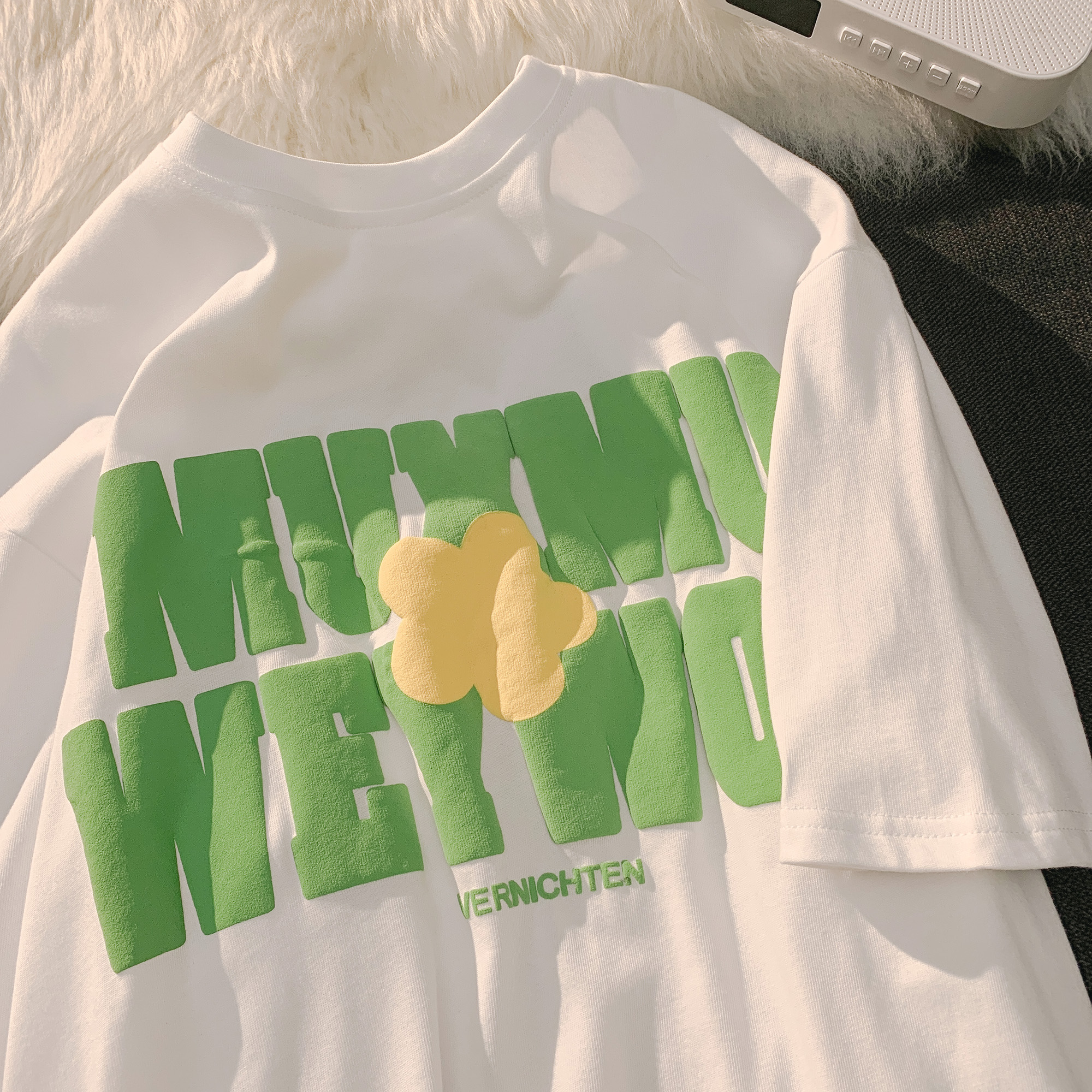 Plus Size Oversized Cotton T-Shirt for Women with Floral and Letter Print, Round Neck, Loose Short Sleeves, Casual Couple Style Plus Size Oversized Cotton T-Shirt for Women with Floral and Letter Print, Round Neck, Loose Short Sleeves, Casual Couple Style