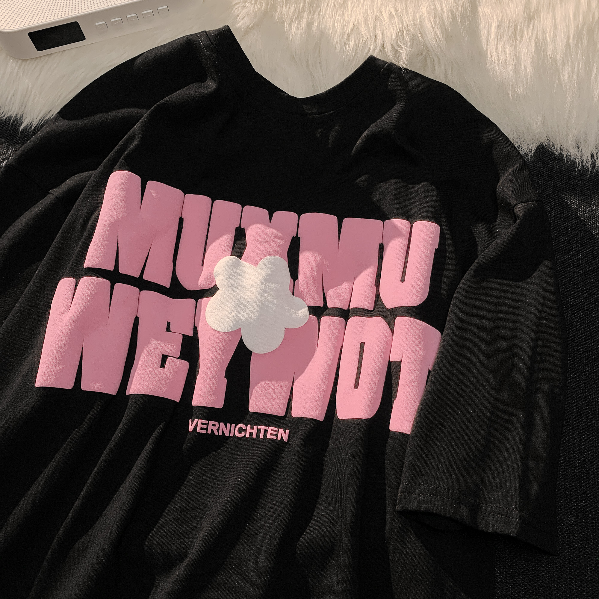 Plus Size Oversized Cotton T-Shirt for Women with Floral and Letter Print, Round Neck, Loose Short Sleeves, Casual Couple Style Plus Size Oversized Cotton T-Shirt for Women with Floral and Letter Print, Round Neck, Loose Short Sleeves, Casual Couple Style