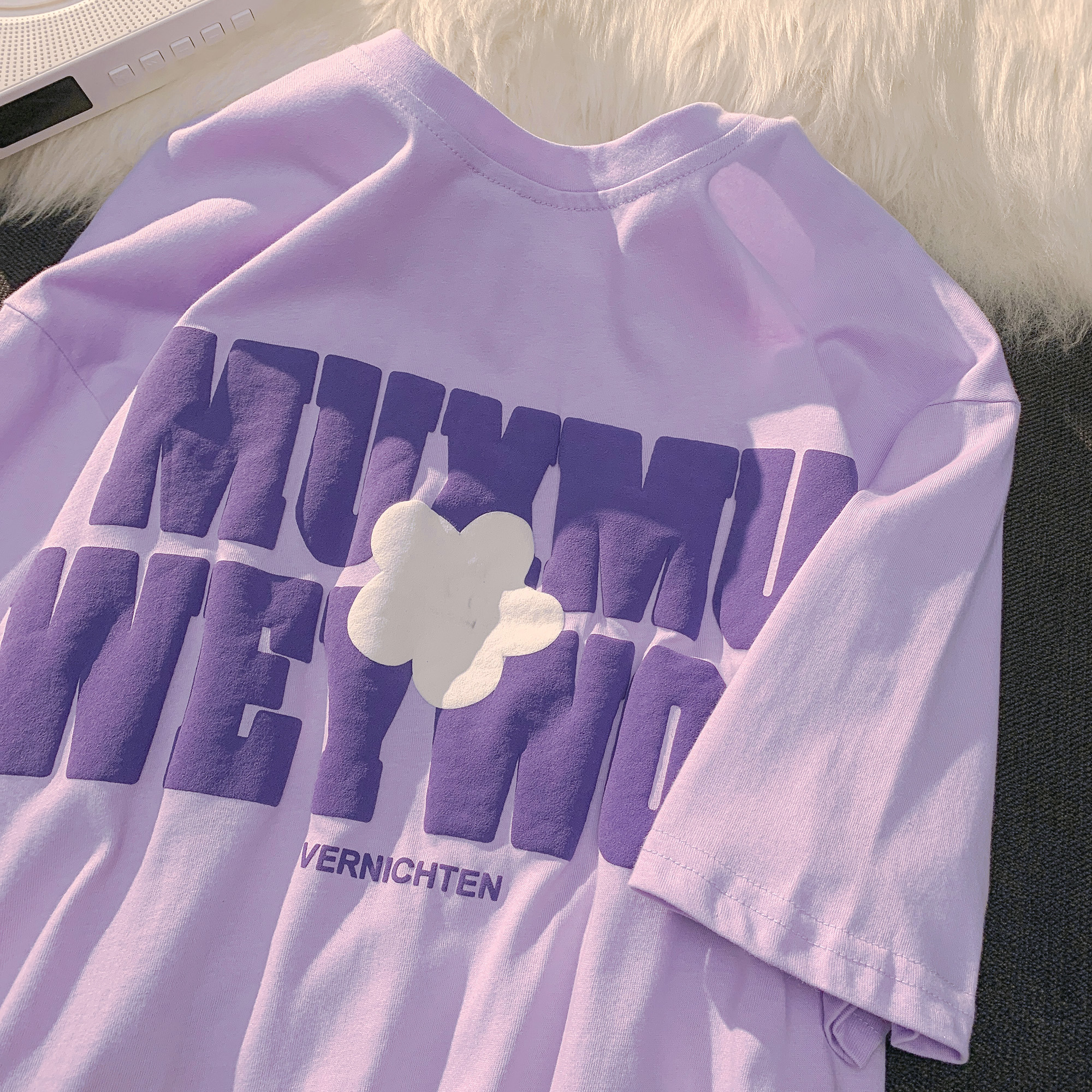 Plus Size Oversized Cotton T-Shirt for Women with Floral and Letter Print, Round Neck, Loose Short Sleeves, Casual Couple Style Plus Size Oversized Cotton T-Shirt for Women with Floral and Letter Print, Round Neck, Loose Short Sleeves, Casual Couple Style