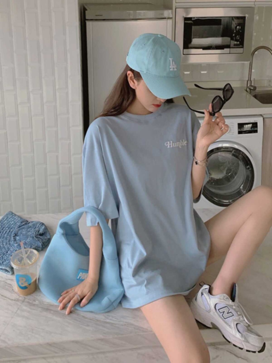 Plus-Size Oversized Milk Blue Cotton T-Shirt for Women - Summer Loose Short Sleeve Top Plus-Size Oversized Milk Blue Cotton T-Shirt for Women - Summer Loose Short Sleeve Top