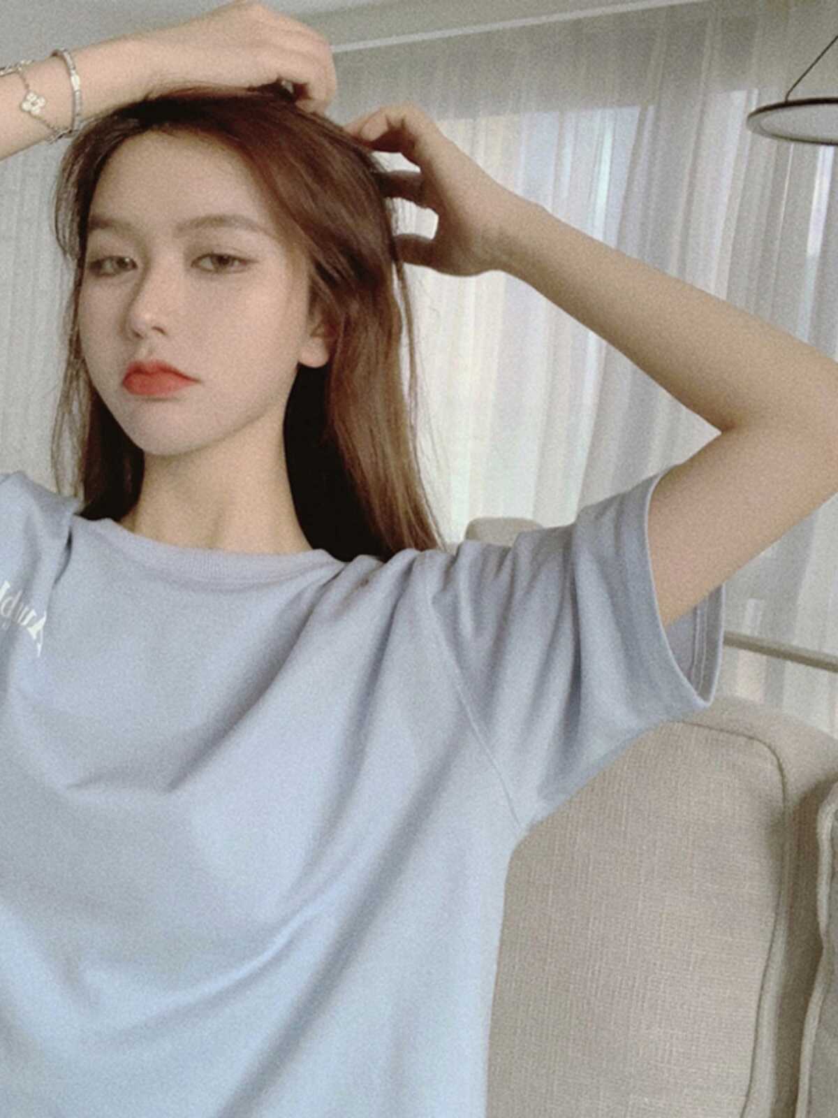 Plus-Size Oversized Milk Blue Cotton T-Shirt for Women - Summer Loose Short Sleeve Top Plus-Size Oversized Milk Blue Cotton T-Shirt for Women - Summer Loose Short Sleeve Top