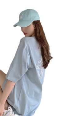 Plus-Size Oversized Milk Blue Cotton T-Shirt for Women - Summer Loose Short Sleeve Top
