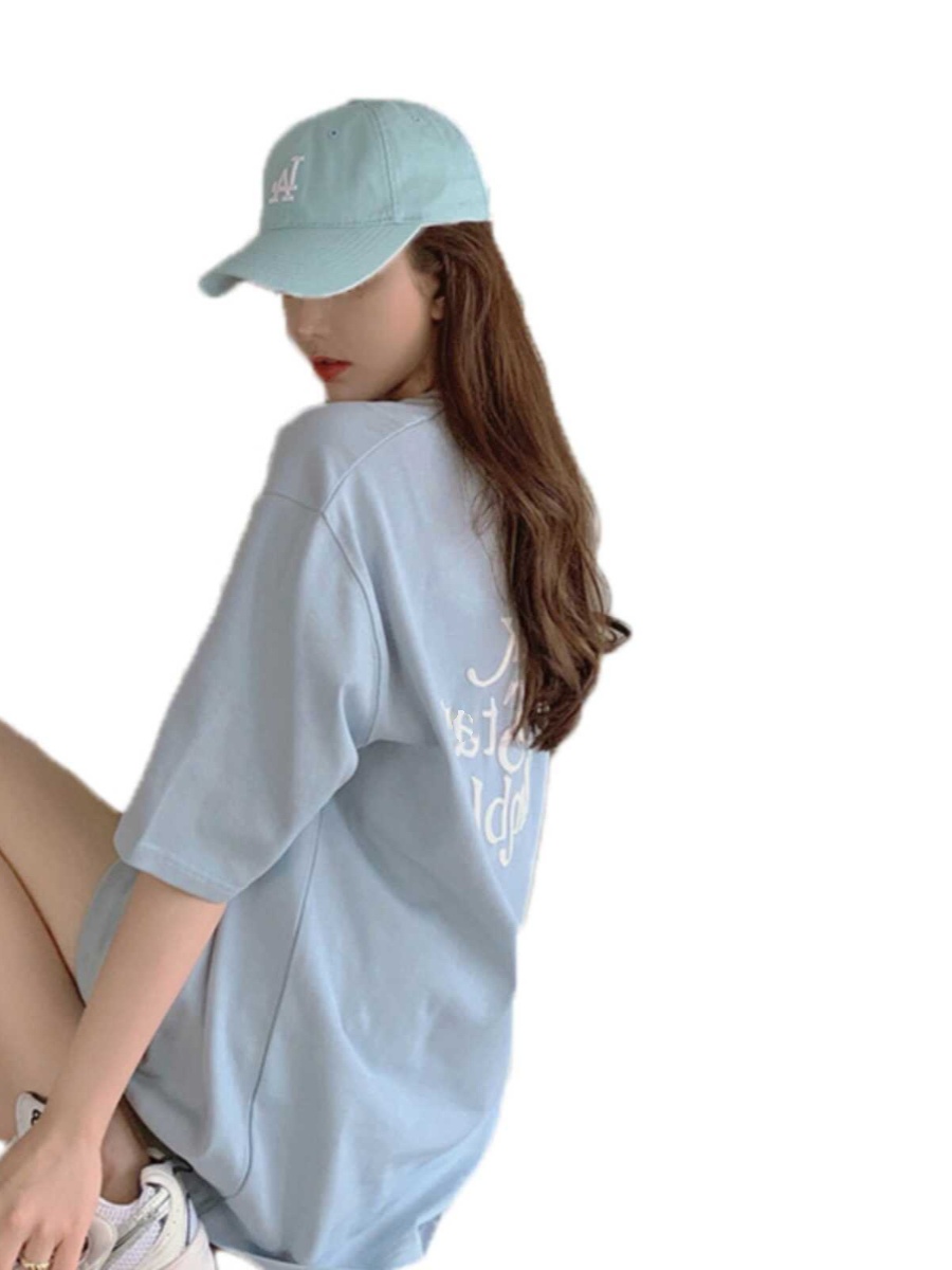 Plus-Size Oversized Milk Blue Cotton T-Shirt for Women - Summer Loose Short Sleeve Top Plus-Size Oversized Milk Blue Cotton T-Shirt for Women - Summer Loose Short Sleeve Top