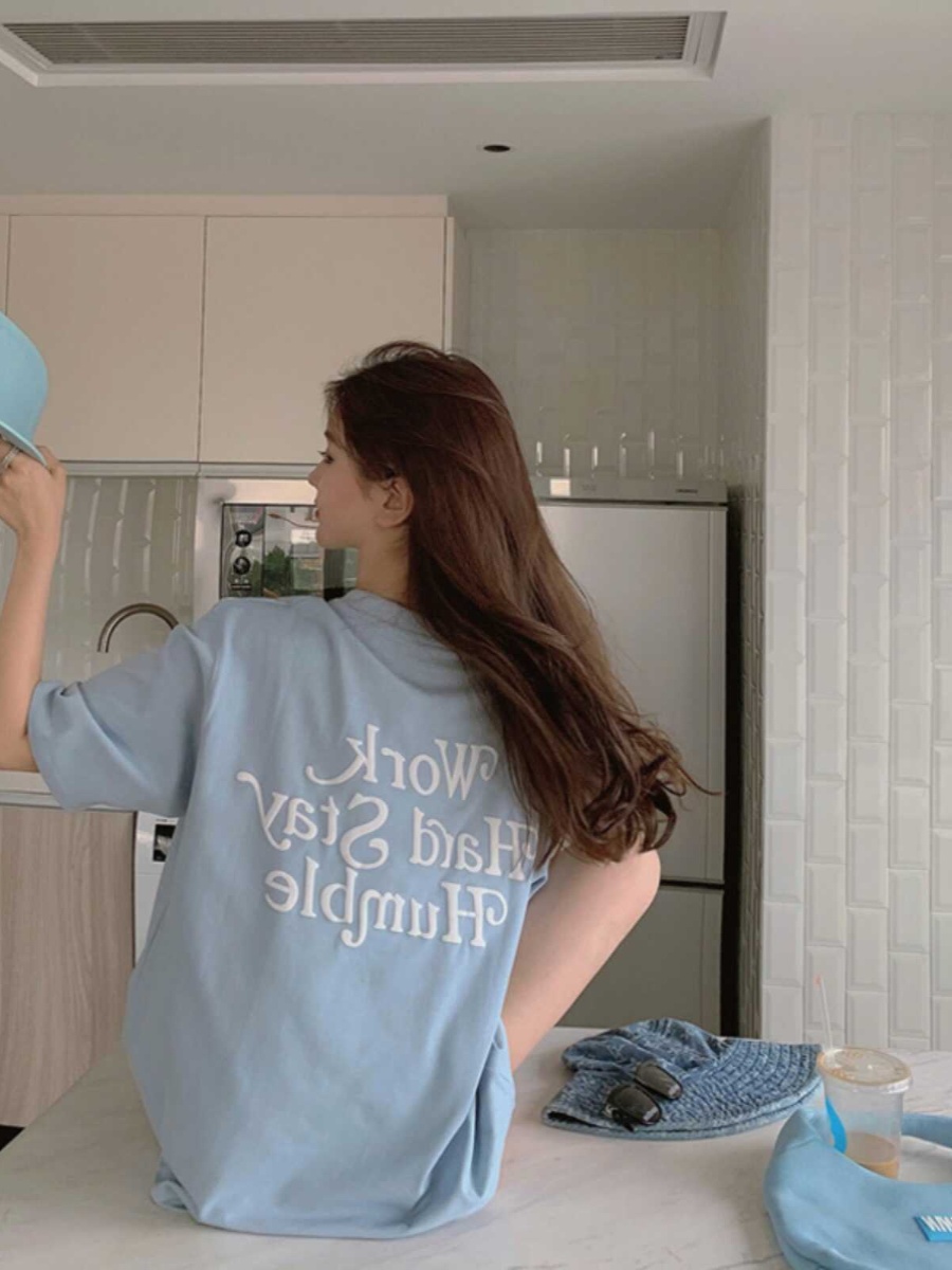 Plus-Size Oversized Milk Blue Cotton T-Shirt for Women - Summer Loose Short Sleeve Top Plus-Size Oversized Milk Blue Cotton T-Shirt for Women - Summer Loose Short Sleeve Top