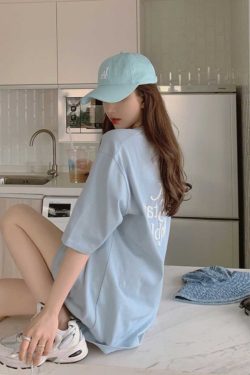 Plus-Size Oversized Milk Blue Cotton T-Shirt for Women - Summer Loose Short Sleeve Top