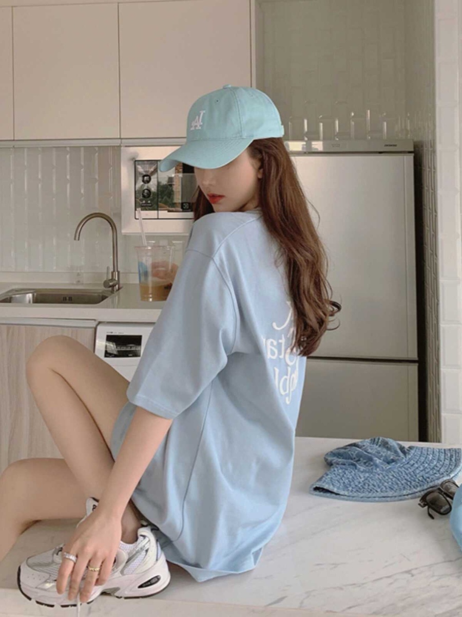 Plus-Size Oversized Milk Blue Cotton T-Shirt for Women - Summer Loose Short Sleeve Top Plus-Size Oversized Milk Blue Cotton T-Shirt for Women - Summer Loose Short Sleeve Top