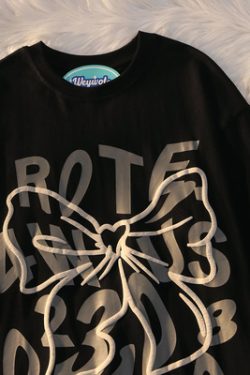 Plus Size Oversized Sweet and Spicy Letter Bow Design Short Sleeve T-Shirt for Couples, Cotton Casual Wear, Y2K Style