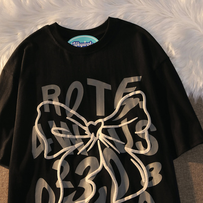 Plus Size Oversized Sweet and Spicy Letter Bow Design Short Sleeve T-Shirt for Couples, Cotton Casual Wear, Y2K Style Plus Size Oversized Sweet and Spicy Letter Bow Design Short Sleeve T-Shirt for Couples, Cotton Casual Wear, Y2K Style