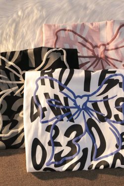 Plus Size Oversized Sweet and Spicy Letter Bow Design Short Sleeve T-Shirt for Couples, Cotton Casual Wear, Y2K Style