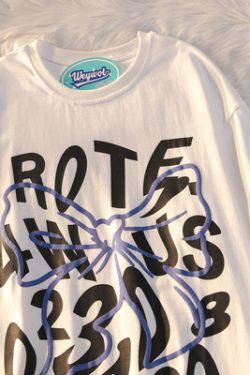 Plus Size Oversized Sweet and Spicy Letter Bow Design Short Sleeve T-Shirt for Couples, Cotton Casual Wear, Y2K Style