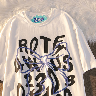 Plus Size Oversized Sweet and Spicy Letter Bow Design Short Sleeve T-Shirt for Couples, Cotton Casual Wear, Y2K Style Plus Size Oversized Sweet and Spicy Letter Bow Design Short Sleeve T-Shirt for Couples, Cotton Casual Wear, Y2K Style