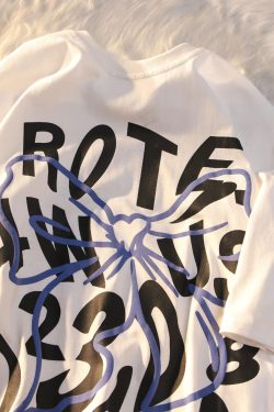 Plus Size Oversized Sweet and Spicy Letter Bow Design Short Sleeve T-Shirt for Couples, Cotton Casual Wear, Y2K Style