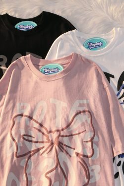 Plus Size Oversized Sweet and Spicy Letter Bow Design Short Sleeve T-Shirt for Couples, Cotton Casual Wear, Y2K Style