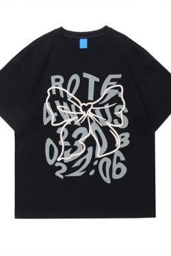 Plus Size Oversized Sweet and Spicy Letter Bow Design Short Sleeve T-Shirt for Couples, Cotton Casual Wear, Y2K Style