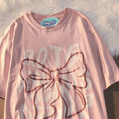 Plus Size Oversized Sweet and Spicy Letter Bow Design Short Sleeve T-Shirt for Couples, Cotton Casual Wear, Y2K Style Plus Size Oversized Sweet and Spicy Letter Bow Design Short Sleeve T-Shirt for Couples, Cotton Casual Wear, Y2K Style