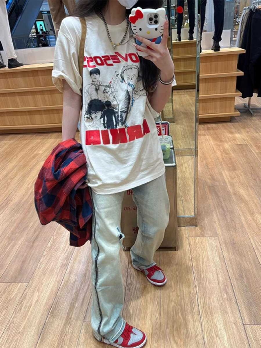 Plus Size Retro American Cotton Short Sleeve T-Shirt for Men and Women, Trendy Loose Fit Summer Couples Top Plus Size Retro American Cotton Short Sleeve T-Shirt for Men and Women, Trendy Loose Fit Summer Couples Top