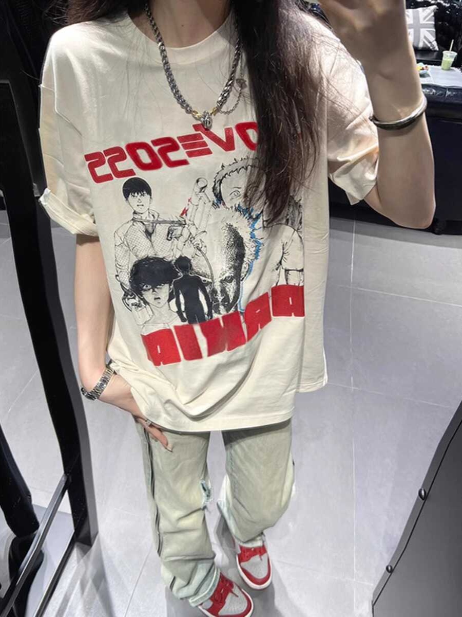 Plus Size Retro American Cotton Short Sleeve T-Shirt for Men and Women, Trendy Loose Fit Summer Couples Top Plus Size Retro American Cotton Short Sleeve T-Shirt for Men and Women, Trendy Loose Fit Summer Couples Top