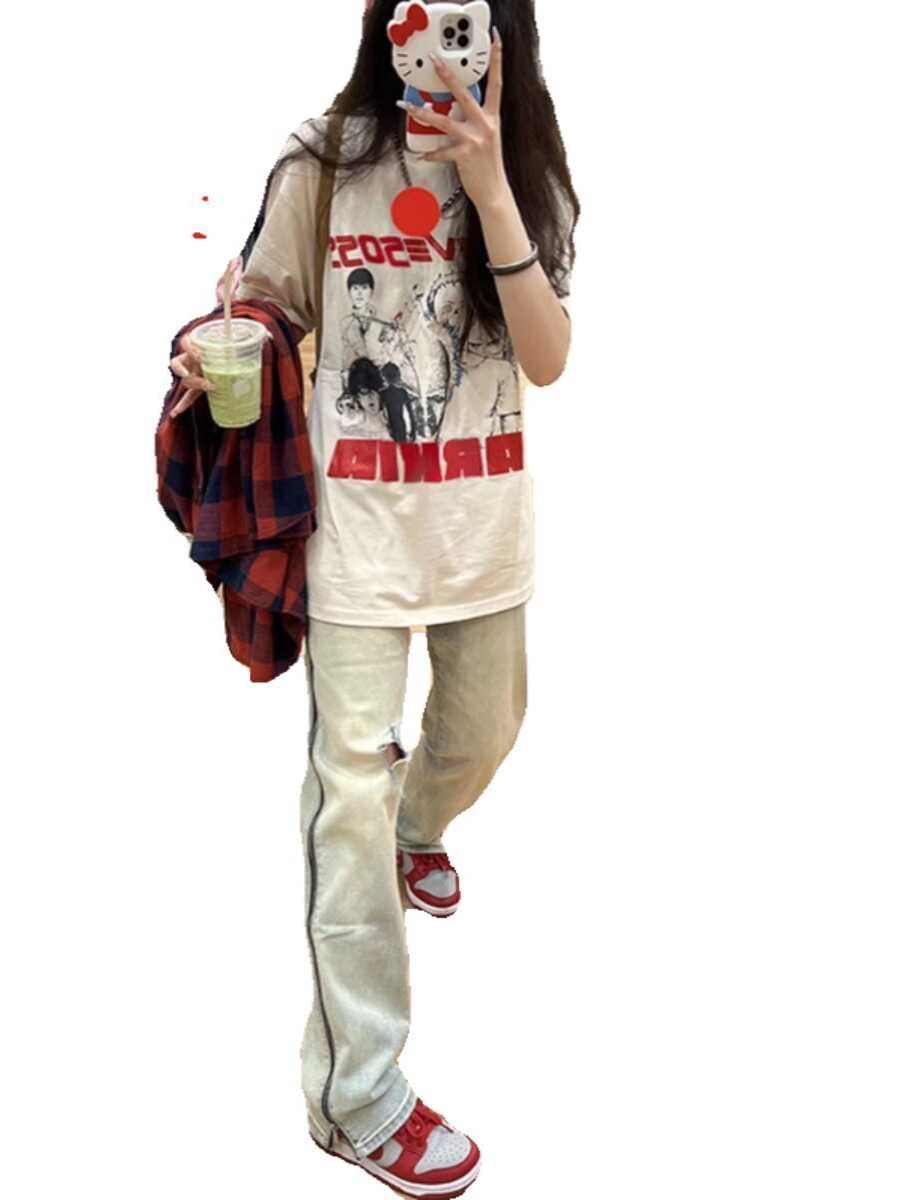 Plus Size Retro American Cotton Short Sleeve T-Shirt for Men and Women, Trendy Loose Fit Summer Couples Top Plus Size Retro American Cotton Short Sleeve T-Shirt for Men and Women, Trendy Loose Fit Summer Couples Top