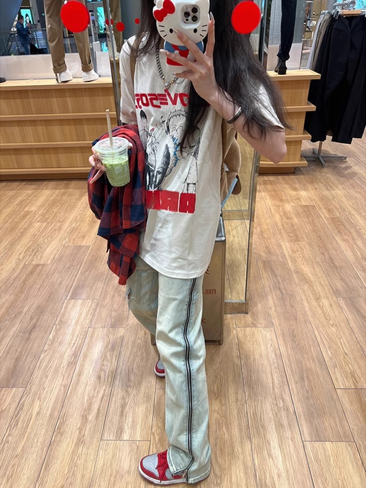 Plus Size Retro American Cotton Short Sleeve T-Shirt for Men and Women, Trendy Loose Fit Summer Couples Top Plus Size Retro American Cotton Short Sleeve T-Shirt for Men and Women, Trendy Loose Fit Summer Couples Top