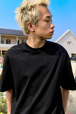 Plus Size Rhinestone Letter Short Sleeve T-Shirt for Men - American Vintage Trendy Heavyweight 90s Style 2025 Collection