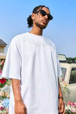 Plus Size Rhinestone Letter Short Sleeve T-Shirt for Men - American Vintage Trendy Heavyweight 90s Style 2025 Collection