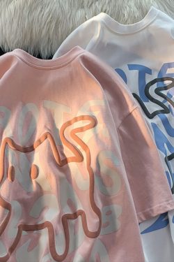 Plus-Size Unisex Cotton Short-Sleeve T-Shirt with Letter Print - Trendy Loose-Fitting Couple's Top for Casual Y2K Style