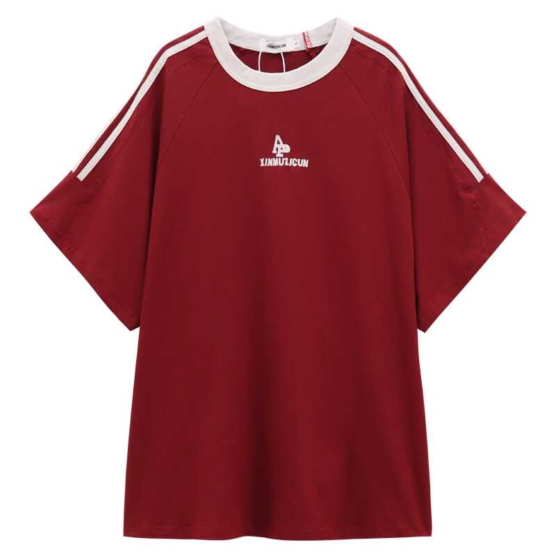 Plus Size Women's American Retro Color-Blocked Striped Casual Cotton Short Sleeve T-Shirt - Loose Fit Mid-Length Top Plus Size Women's American Retro Color-Blocked Striped Casual Cotton Short Sleeve T-Shirt - Loose Fit Mid-Length Top