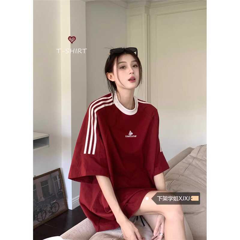 Plus Size Women's American Retro Color-Blocked Striped Casual Cotton Short Sleeve T-Shirt - Loose Fit Mid-Length Top Plus Size Women's American Retro Color-Blocked Striped Casual Cotton Short Sleeve T-Shirt - Loose Fit Mid-Length Top