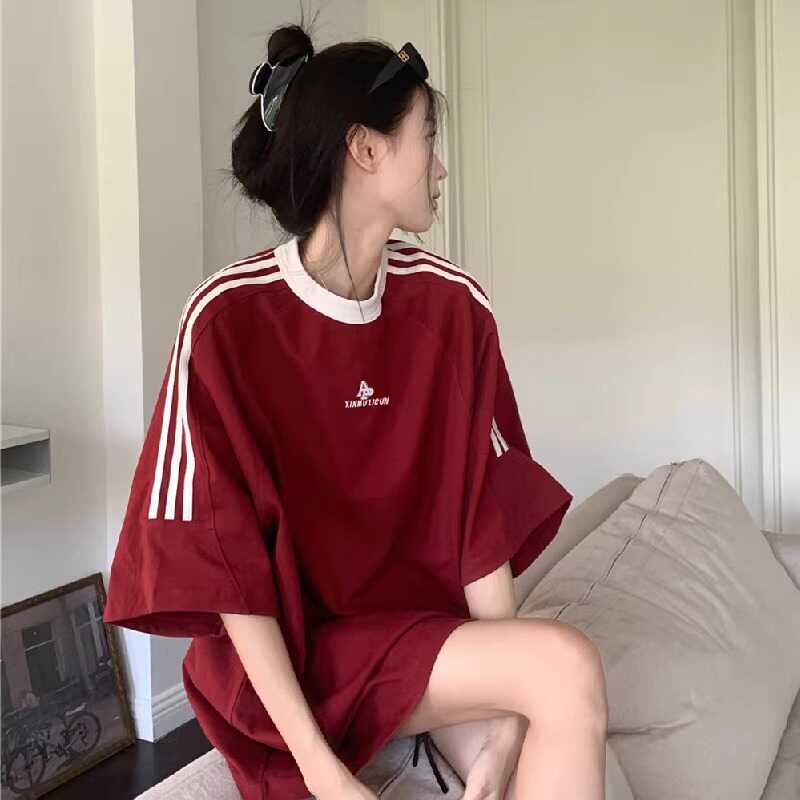 Plus Size Women's American Retro Color-Blocked Striped Casual Cotton Short Sleeve T-Shirt - Loose Fit Mid-Length Top Plus Size Women's American Retro Color-Blocked Striped Casual Cotton Short Sleeve T-Shirt - Loose Fit Mid-Length Top