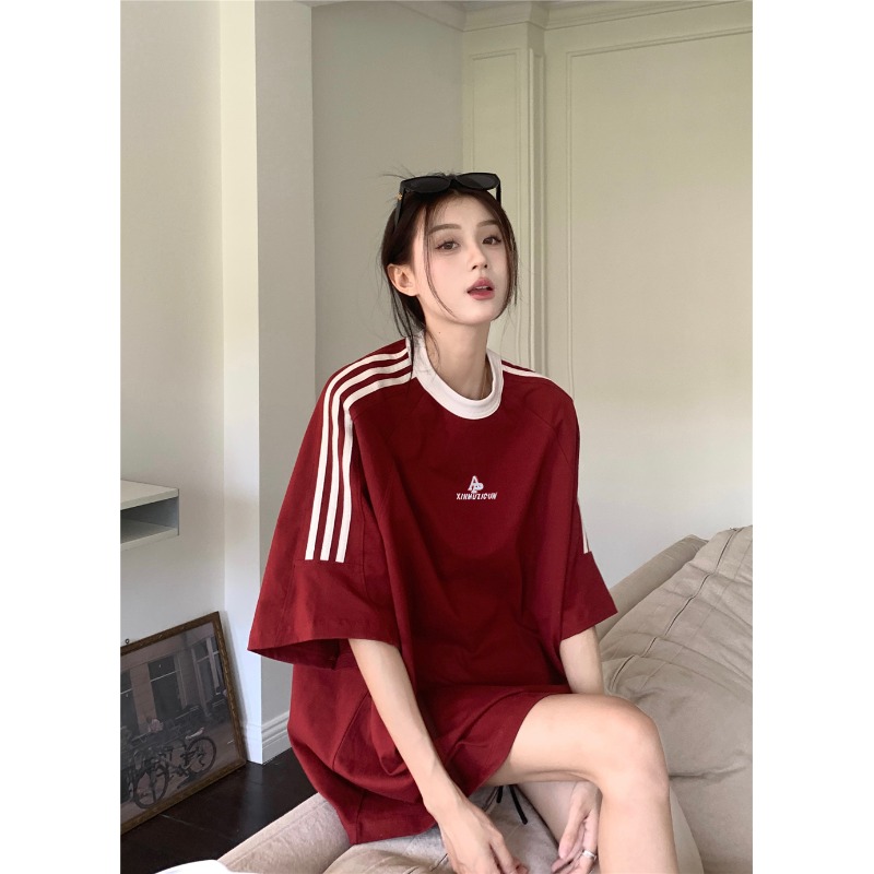 Plus Size Women's American Retro Color-Blocked Striped Casual Cotton Short Sleeve T-Shirt - Loose Fit Mid-Length Top Plus Size Women's American Retro Color-Blocked Striped Casual Cotton Short Sleeve T-Shirt - Loose Fit Mid-Length Top