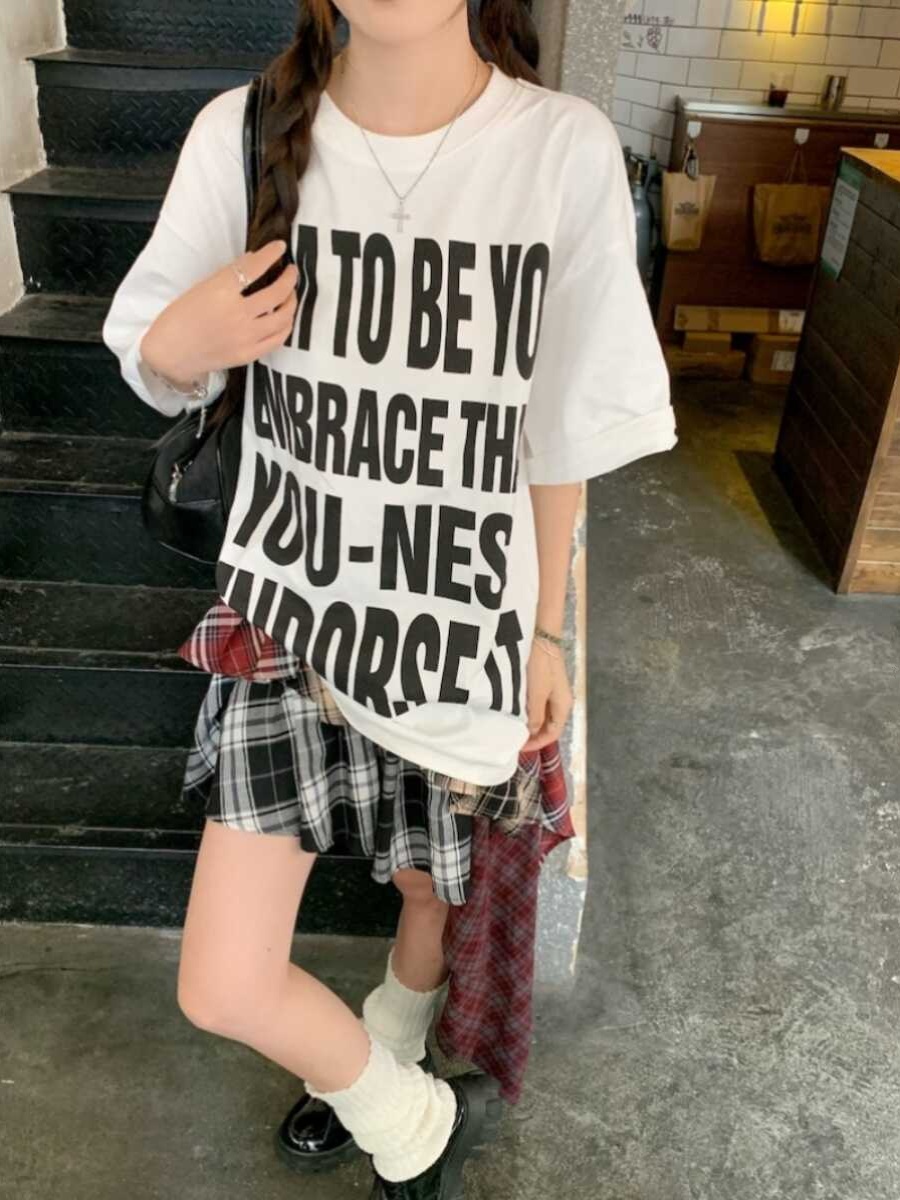 Plus Size Women's American Retro Letter Print Short Sleeve T-Shirt - Loose Fit Cotton Streetwear Top Plus Size Women's American Retro Letter Print Short Sleeve T-Shirt - Loose Fit Cotton Streetwear Top