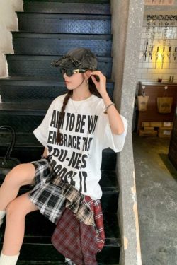 Plus Size Women's American Retro Letter Print Short Sleeve T-Shirt - Loose Fit Cotton Streetwear Top