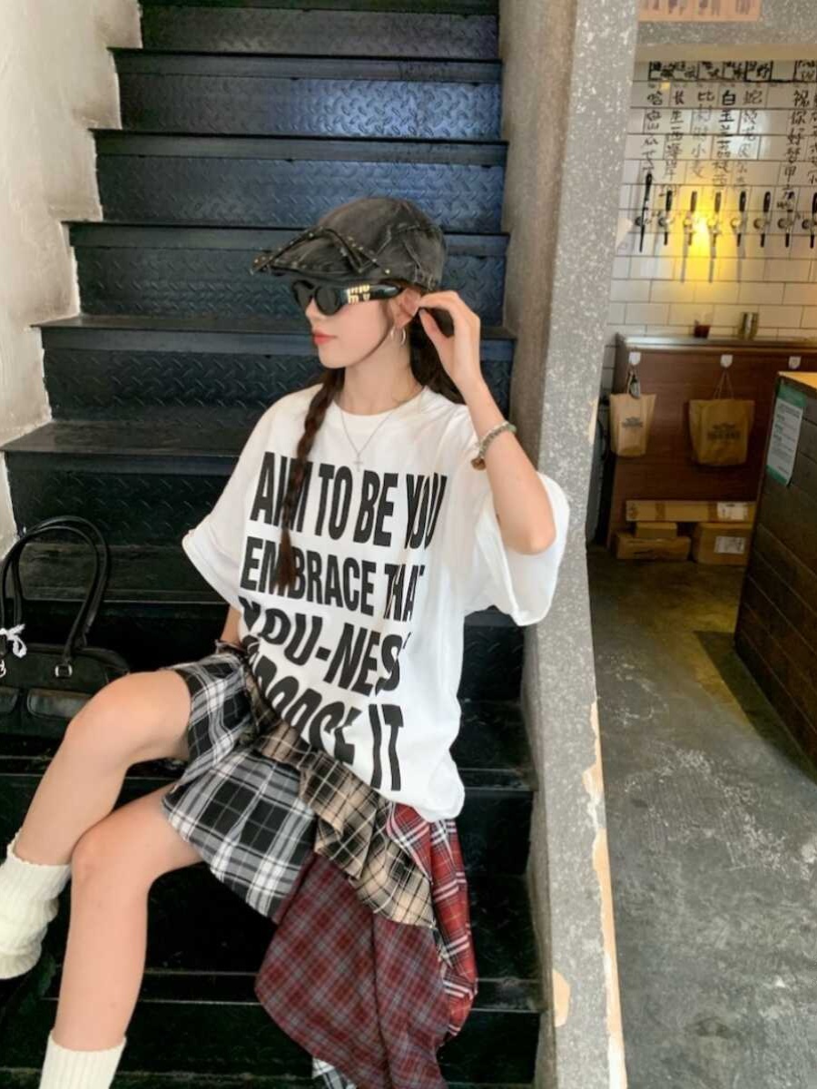 Plus Size Women's American Retro Letter Print Short Sleeve T-Shirt - Loose Fit Cotton Streetwear Top Plus Size Women's American Retro Letter Print Short Sleeve T-Shirt - Loose Fit Cotton Streetwear Top