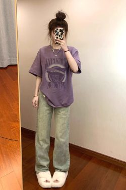 Plus Size Women's Loose-Fitting Purple Letter Print Short Sleeve T-Shirt, Retro American Style for 90s and Y2K Fashion Enthusiasts