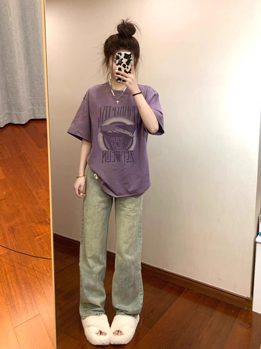 Plus Size Women's Loose-Fitting Purple Letter Print Short Sleeve T-Shirt, Retro American Style for 90s and Y2K Fashion Enthusiasts Plus Size Women's Loose-Fitting Purple Letter Print Short Sleeve T-Shirt, Retro American Style for 90s and Y2K Fashion Enthusiasts