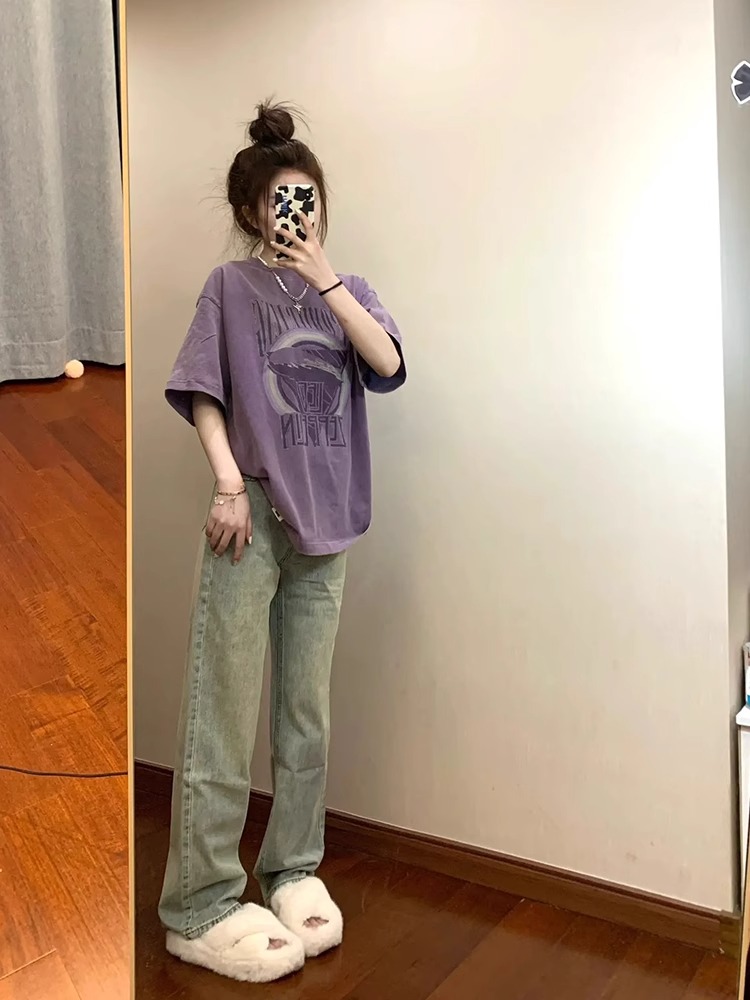 Plus Size Women's Loose-Fitting Purple Letter Print Short Sleeve T-Shirt, Retro American Style for 90s and Y2K Fashion Enthusiasts Plus Size Women's Loose-Fitting Purple Letter Print Short Sleeve T-Shirt, Retro American Style for 90s and Y2K Fashion Enthusiasts