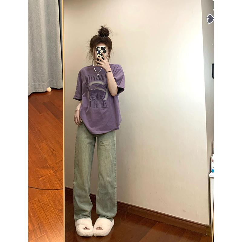 Plus Size Women's Loose-Fitting Purple Letter Print Short Sleeve T-Shirt, Retro American Style for 90s and Y2K Fashion Enthusiasts Plus Size Women's Loose-Fitting Purple Letter Print Short Sleeve T-Shirt, Retro American Style for 90s and Y2K Fashion Enthusiasts