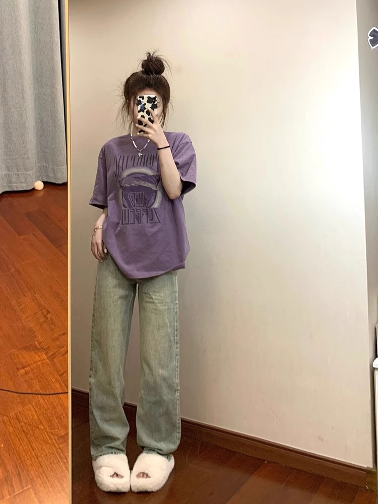 Plus Size Women's Loose-Fitting Purple Letter Print Short Sleeve T-Shirt, Retro American Style for 90s and Y2K Fashion Enthusiasts Plus Size Women's Loose-Fitting Purple Letter Print Short Sleeve T-Shirt, Retro American Style for 90s and Y2K Fashion Enthusiasts