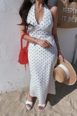 Polka Dot Backless Halter Dress for Women - French V-Neck, Waist-Defining, Handmade Spring/Summer 2025 Fashion