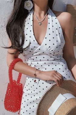 Polka Dot Backless Halter Dress for Women - French V-Neck, Waist-Defining, Handmade Spring/Summer 2025 Fashion