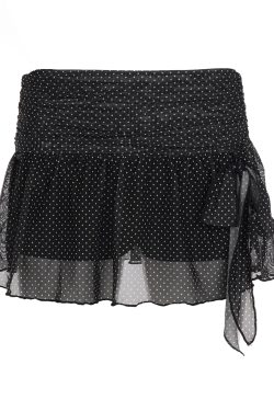 Polka Dot Mesh Lace Tie Short Skirt - Slimming Fitted Half Skirt for Versatile 90s Style Fashion