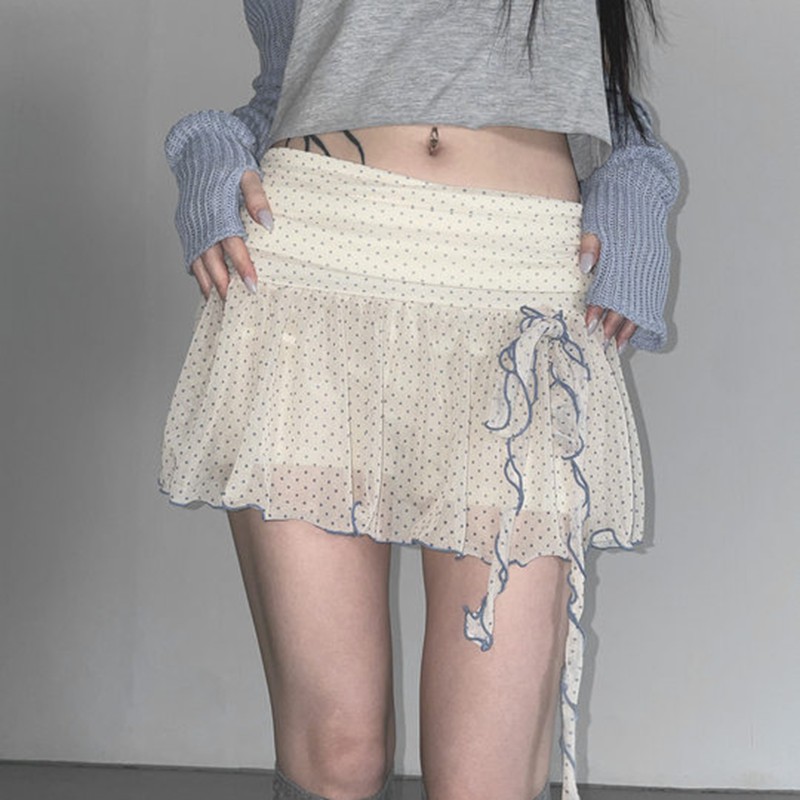 Polka Dot Mesh Lace Tie Short Skirt - Slimming Fitted Half Skirt for Versatile 90s Style Fashion Polka Dot Mesh Lace Tie Short Skirt - Slimming Fitted Half Skirt for Versatile 90s Style Fashion