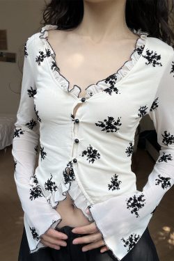 Printed V-Neck Ruffled Slim Fit Long Sleeve Shirt - 2025 Women's Fashion Top with Hollow Design - Trendy Casual Style