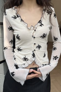 Printed V-Neck Ruffled Slim Fit Long Sleeve Shirt - 2025 Women's Fashion Top with Hollow Design - Trendy Casual Style