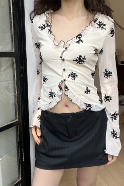 Printed V-Neck Ruffled Slim Fit Long Sleeve Shirt - 2025 Women's Fashion Top with Hollow Design - Trendy Casual Style