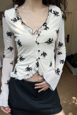 Printed V-Neck Ruffled Slim Fit Long Sleeve Shirt - 2025 Women's Fashion Top with Hollow Design - Trendy Casual Style