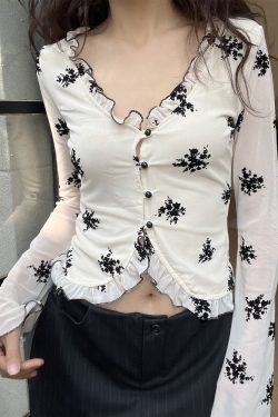 Printed V-Neck Ruffled Slim Fit Long Sleeve Shirt - 2025 Women's Fashion Top with Hollow Design - Trendy Casual Style